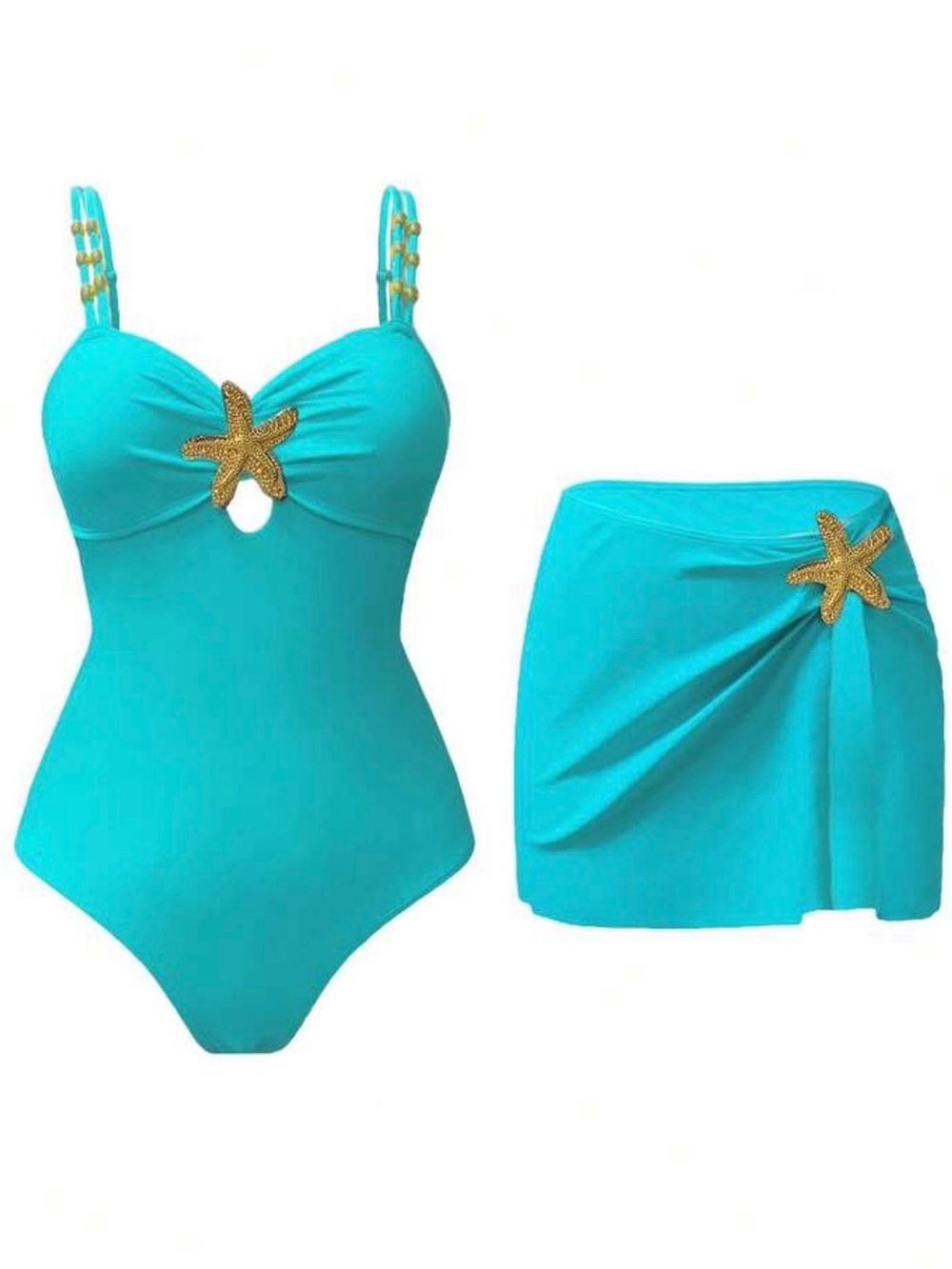 Turquoise Starfish One-Piece Swimsuit with Skirted Cover-Up